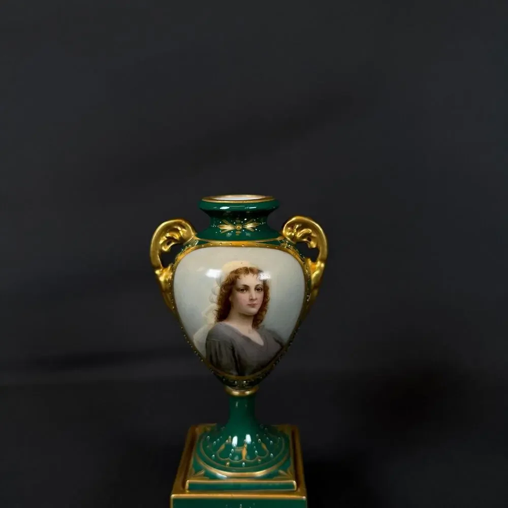 Antique Royal Vienna Portrait Urn Vase Hand Painted Lady Green/Gold signed RUTH